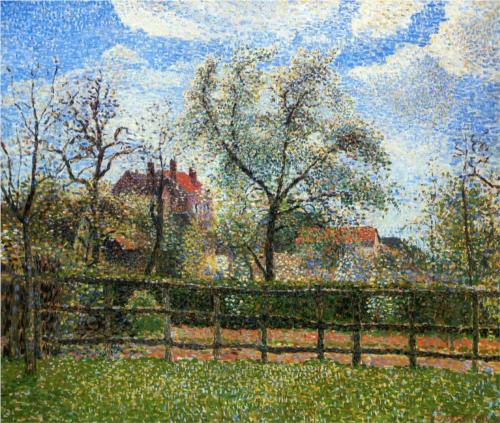 Pear Trees and Flowers at Eragny, Morning - Camille Pissarro