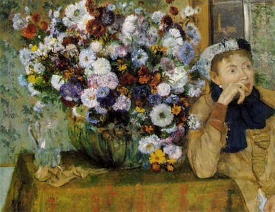 Woman Seated beside a Vase of Flowers - Edgar Degas