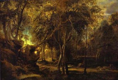 Forest at Dawn with a Deer Hunt - Peter Paul Rubens