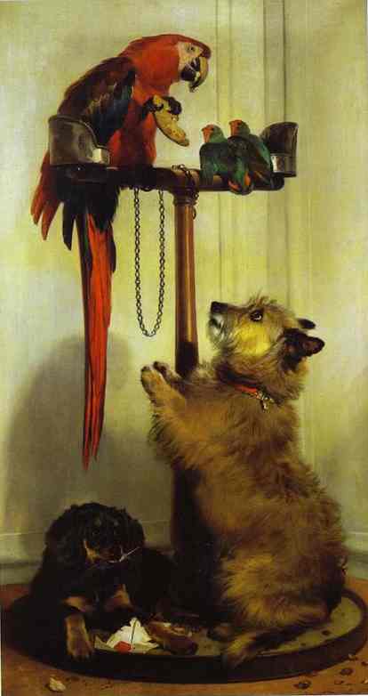 Macaw, Love Birds, Terrier, and Spaniel Puppies, Belonging to Her Majesty - Edwin Henry Landseer